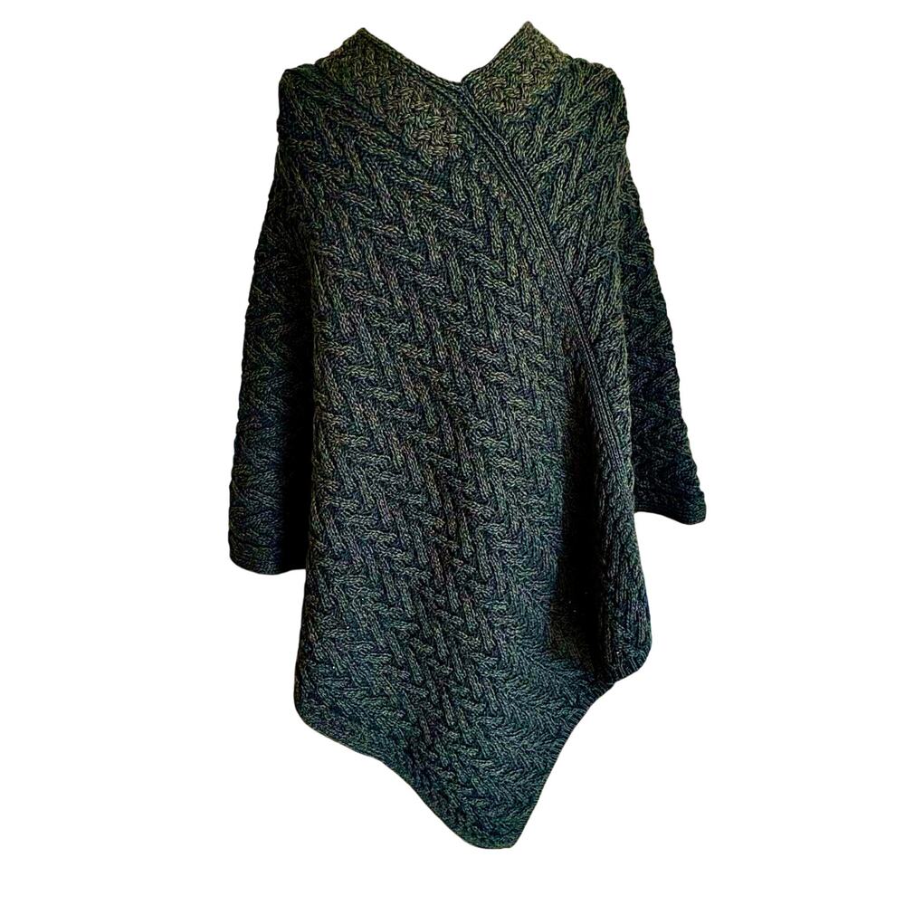 Aran Crafts Ireland Pine Green 100% Merino Wool Poncho Fisherman Knit Boho M/L